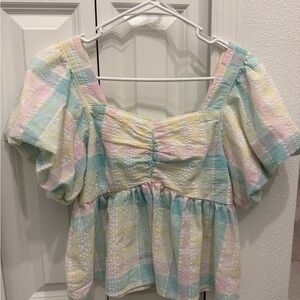 Pastel Plaid Women's Top with Puff Sleeves